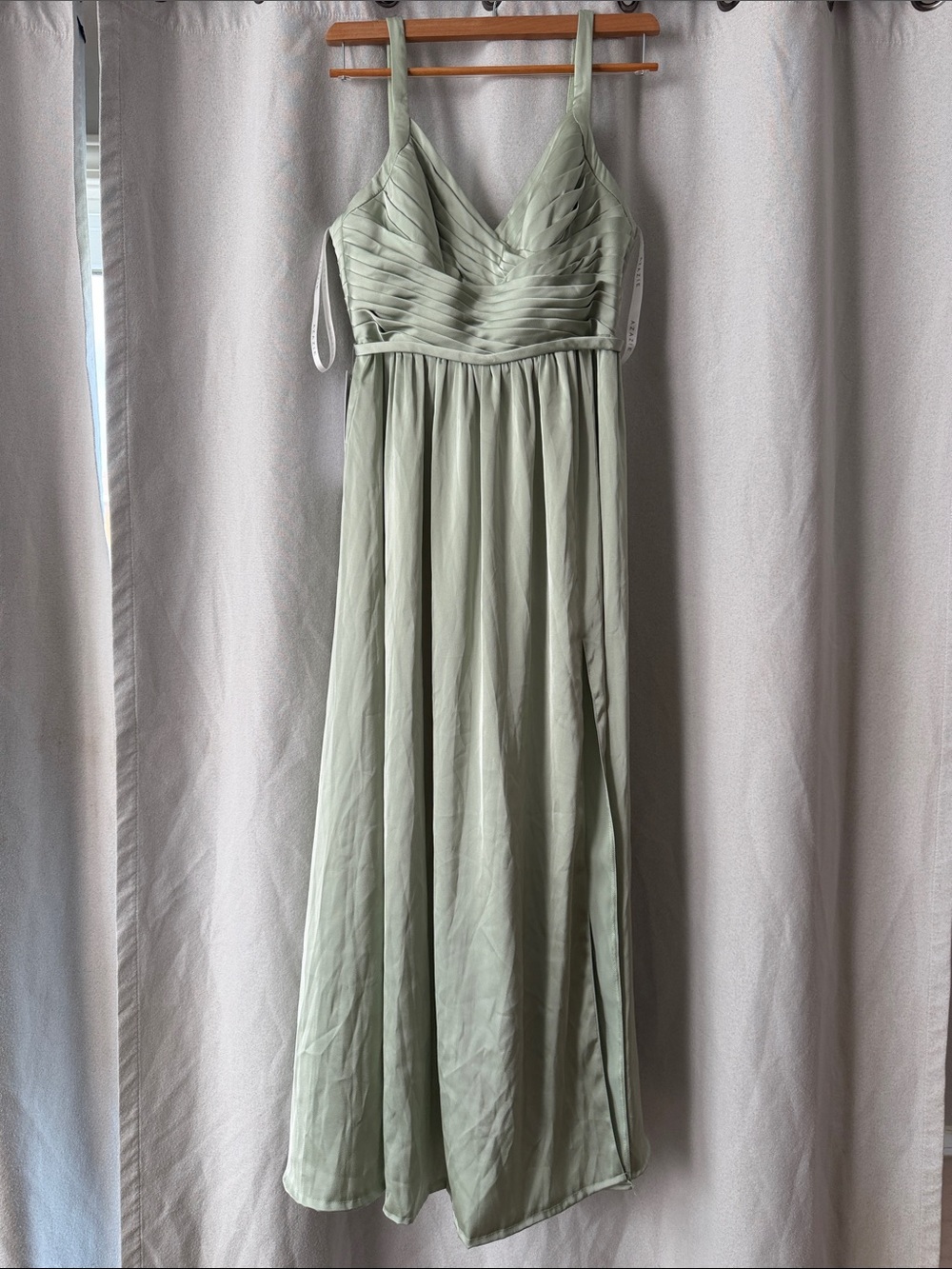 Azazie Sage Green Stretch Satin Pleated Maxi Dress